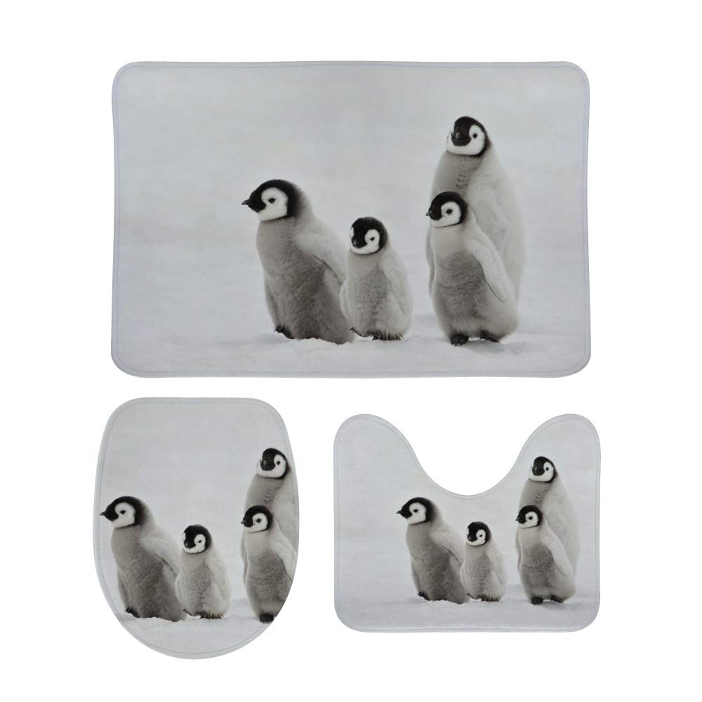 Mydaily Blue, White 3 Piece Bathroom Mat Set Penguins Non-Slip Pedestal Rug + Toilet Lid Cover + Bath Mat