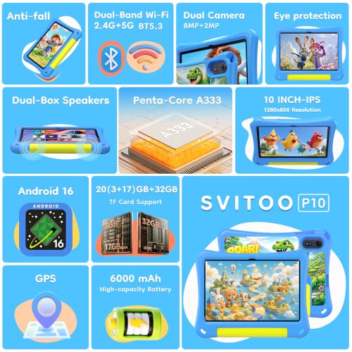 Image of SVITOO Kids Tablet 10 Inch, Android 16 Parental Controls Blue Dinosaur Case