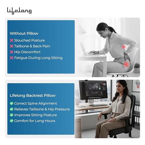 Image of Lifelong Back Support Cushion for Office Chair & Car | Ergonomic Memory Foam Design for Better Posture, Reduced Fatigue, and Comfortable Sitting During Work or Travel
