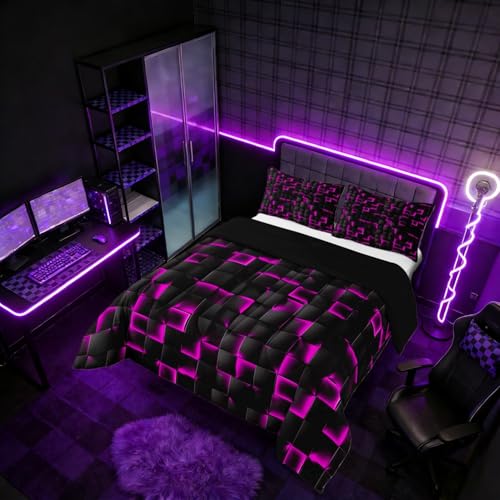Image of Erosebridal Neon Black Purple Comforter Set King Violet Geometric Checkered Bedding Set for Kids Teen Adults Gaming Room Decor,Abstract Ombre Plaid Comforter Grids Quilt Duvet
