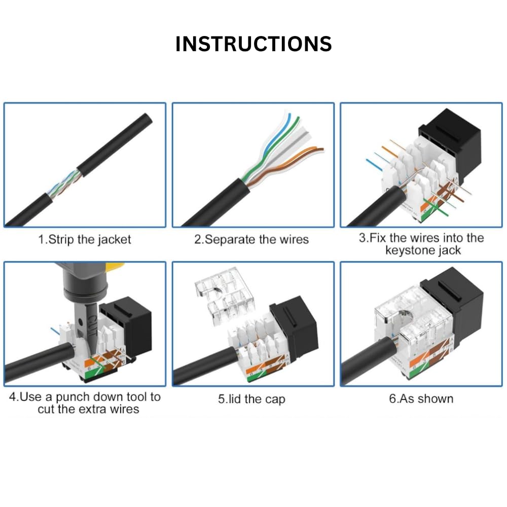 Lot de 25 prises Keystone CAT5e - 8 conducteurs RJ45, câblage T568A/B, 110 IDC avec couvercle anti-poussière - Noir
