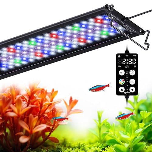 SEAOURA Luz para Acuario con Temporizador, Luces LED para Crecimiento de Plantas de Espectro Completo con Memoria de Apagado, Opción de 8 Colores, 20 Brillos para Acuario de Agua Dulce (45-60cm)