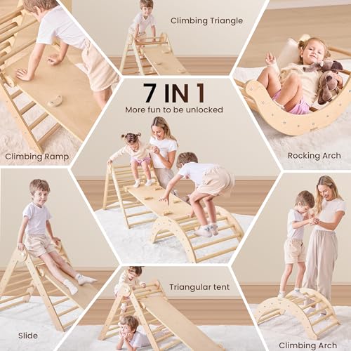 Image of Belleur 7-in-1 Climbing Toys for Toddlers 1-3 Years Old, Foldable Wooden Pikler Triangle Set Indoor, Montessori Climbing Set with Arch, Ramp & Ladder - Natural