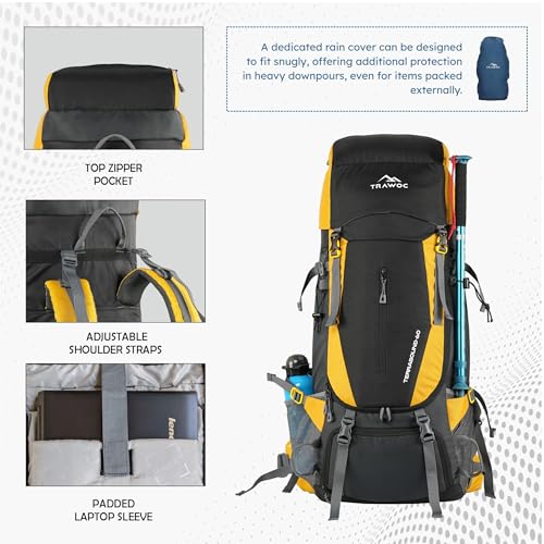 Image of TRAWOC TERRABOUND 60 Liter Camping Backpack Trekking Hiking Ruckssack Travel Bag Front & Top Loading Laptop /Rain Cover /Shoe Compartment, HK014