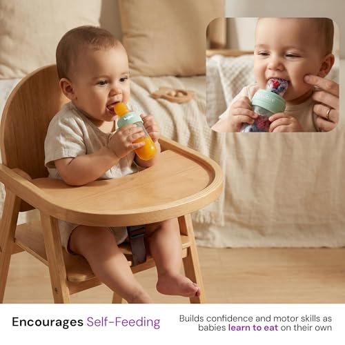 Image of Baybee 2-in-1 Silicone Baby Fruit Feeder & Food Feeder | Baby Pacifier with Anti-Choking Pouch & Squeeze Spoon | BPA Free Extra Soft Fruit Nibbler & Teethers for 6 to 12 Months Babies (Blue)