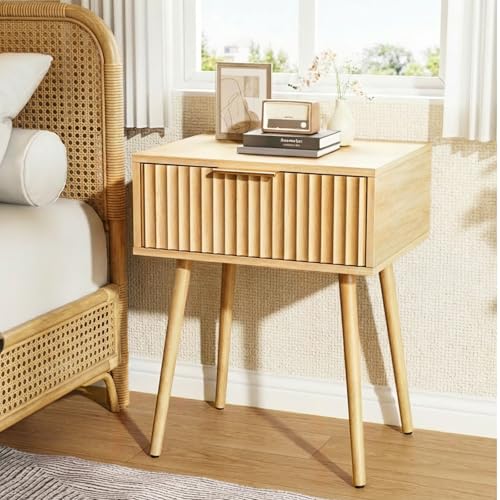 Image of VINGLI Nightstands Set of 2, Fluted Night Stand with Drawer, Bedside Table, Wood Nightstand for Bedroom, Mid Century Modern End Tables, Natural Oak, 18.9 inch W*14.96 inch D*24 inch H
