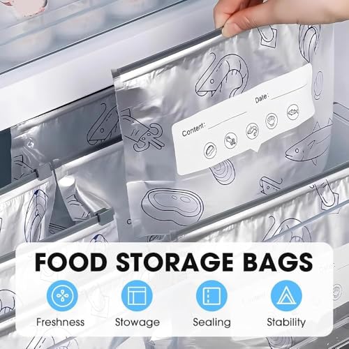 Image of LISHER Reusable Aluminum Foil Sealable Storage Bags Label and Zip Lock,Food Storage Vegetable Fruit Meat Biryani Food Kitchen Food Storage & Freezing, Stand-Up Bottom Silver Foil Pouches 10pcs