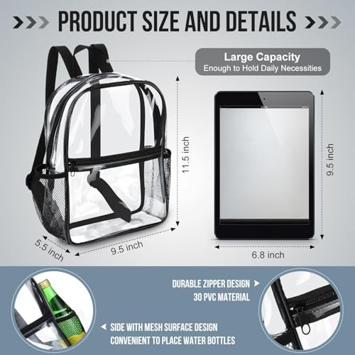 Image of Sweetude 6 Pcs Clear Backpack for Stadium Events Bulk 11.5x9.5x5.5 Inch Small Transparent Bag with Front Pocket for Concert Travel (Black)