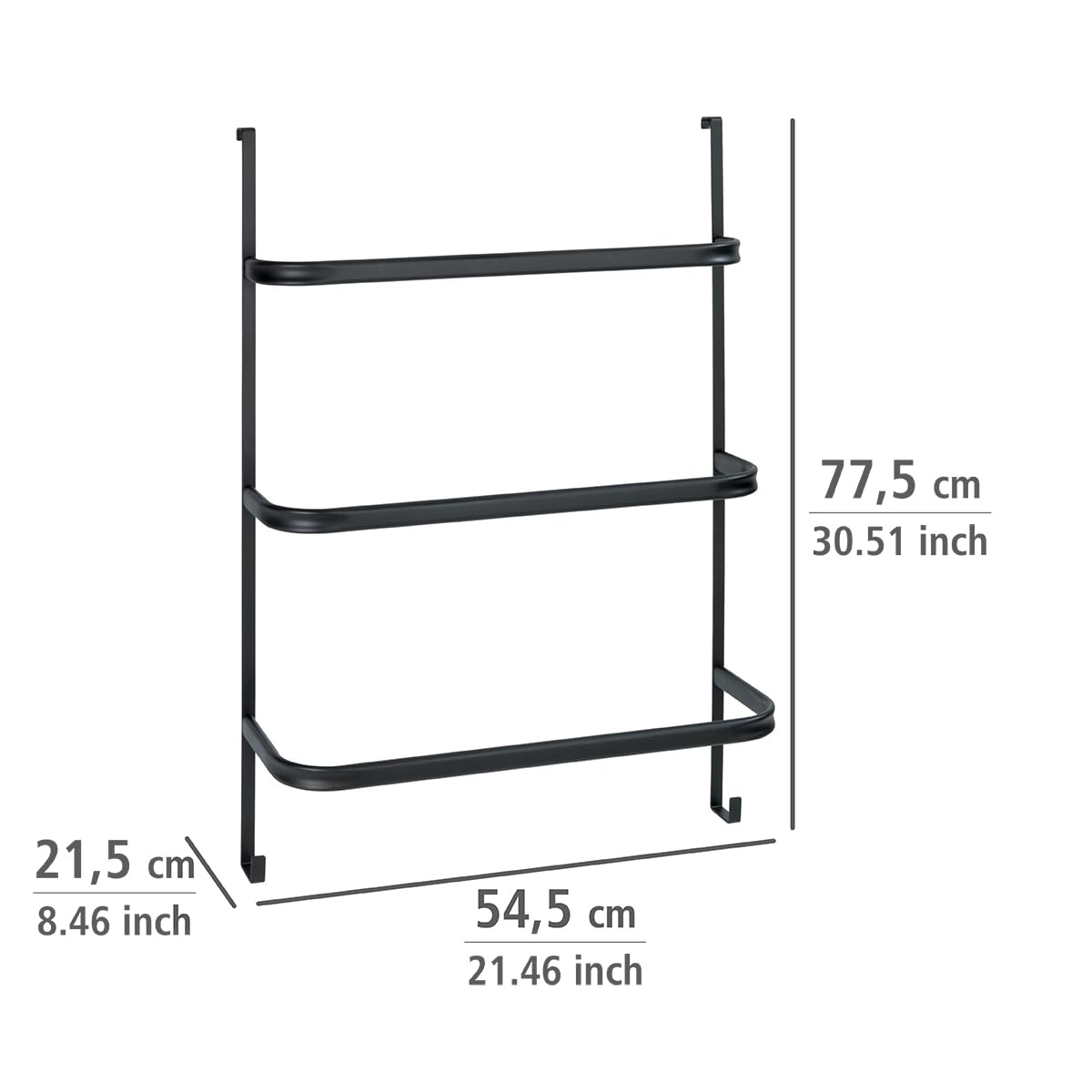 WENKO Porte Serviettes 3 Barres Irpinia | 2 Crochets supplémentaires | 3 Barres 54,5cm | sans perçage, à Suspendre sur Toutes Les Portes | Acier Noir Mat | 54,5x77,5x21,5cm
