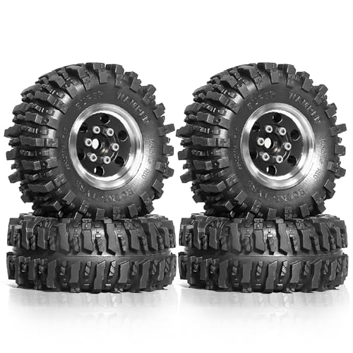 REDSPIDER Aluminum 1.0 Beadlock Wheels and Tires?4pcs? 1.0 Crawler Tires 55 * 23mm 1.0 Wheel and 1/18 1/24 RC Crawler Tires for SCX24 TRX4M FMS FCX24 FCX18 AX24 ? (Black(Circular Hole))