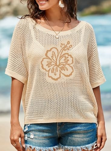 Image of Dokotoo Womens Floral Fashion Summer Tops 2026 Short Sleeve Crochet Sweaters Swimsuit Cover Ups Lightweight Knit Pullover