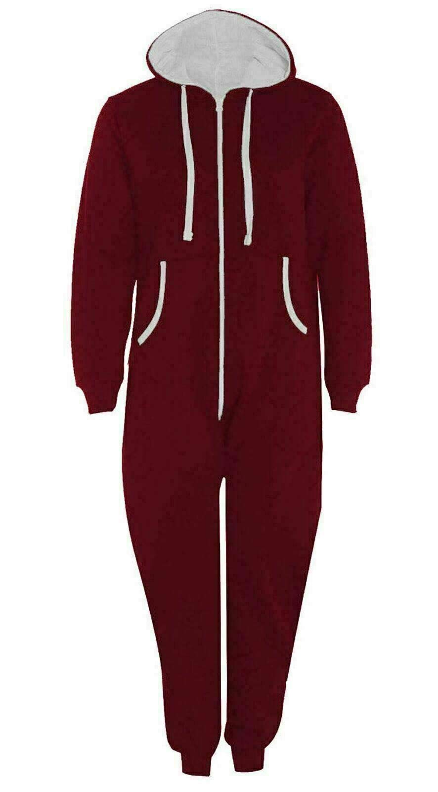 FAIRY TRENDZ LTD Mens Plain Zipper Onesie Unisex Onepiece All in One Hooded Zip Up Overall Jumpsuit Playsuit (Wine 5X Large)
