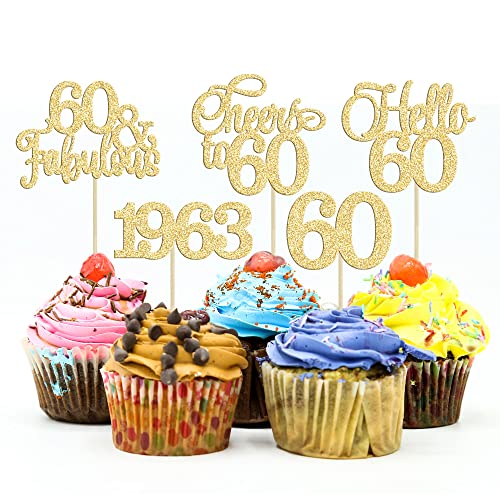Gyufise 30Pcs 60Th Birthday Cupcake Toppers 60 Fabulous Cupcake Picks Cheers To 60 1963 Cake Decorations For Happy 60Th Birthday Wedding Anniversary Party Decoration Supplies Gold #TOP8
