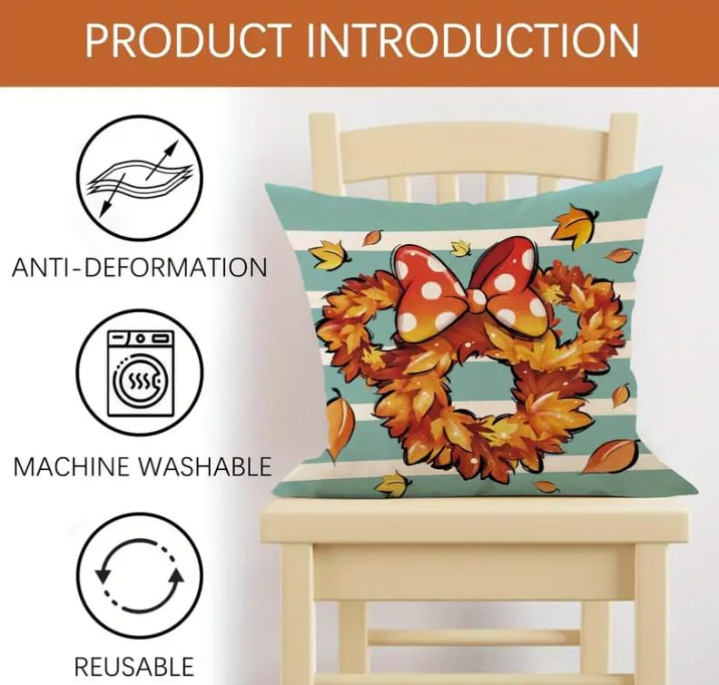 Hello Fall Mouse Pumpkin Decorative Throw Pillow Covers 18 x 18 inch,Autumn Wreath Doughnut Hot Cocoa Porch Outdoor, Blue Stripes Maple Leaves Seasonal Couch Cushion Case.