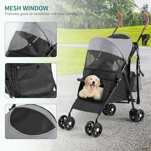 YITAHOME Haustierbuggy für kleine bis mittelgroße Hunde, 4-Rad-Hundebuggy mit Schultergurten, faltbarer Haustier-Reisewagen mit Getränkehalter und Aufbewahrungstasche (Grau Schwarz)