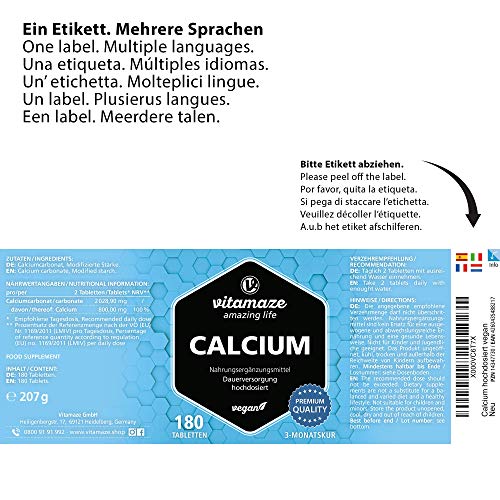 Calcium Tabletten hochdosiert vegan, 180 Tabletten für 3 Monate, 800 mg Kalzium-Carbonat pro Tagesdosis, Organische Nahrungsergänzung ohne Zusatzstoffe, Made in Germany
