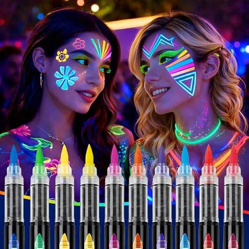 Image of UV Face & Body Paint Pens - 8 Colors Neon Fluorescent Glow Markers, Skin Safe Blacklight Reactive Body Paint for Party, Festival, Halloween, Rave, Kids & Adults (Glows Under UV Light Only)