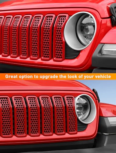 Image of Savadicar Front Grill Inserts for 2024-2025 Jeep Wrangler JL JLU 4XE & Gladiator JT - Elevate Your Wrangler's Aesthetics with Front Mesh Grille Cover Guard, Exterior Trim Accessories, 7 PCs, Red