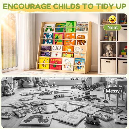 Image of XiaZ Scalloped Kids Bookshelf, 4-Tier Wooden Montessori Display for Toddler | Solid Pine Wood, Stable Trapezoid Base, Rounded Corners, Front Display, Compact, Holds 60-80 Books, Easy 20-min Assembly