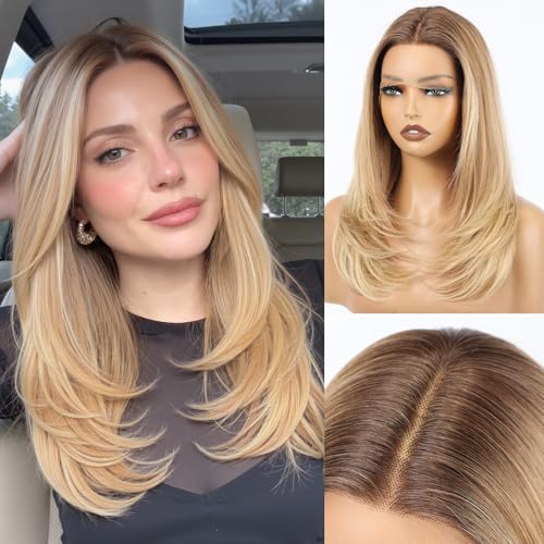 Image of EMMOR Human Hair Wig for Women 13x5x1 Inch HD Lace Front Wig 18 Inch Layered Glueless Wigs Pre-Plucked Hairline Human Hair Blend Premium Synthetic Fiber for Everyday Wear(Ombre Blonde)