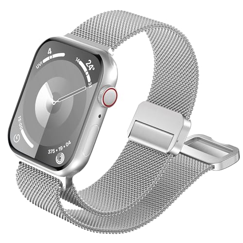 Compatible with Apple Watch Band 38mm 40mm 41mm 42mm 44mm 45mm 49mm, Stainless Steel Loop Strap Magnetic Clasp Bands for iwatch Series 9, Ultra 2, SE, Ultra 8 7 6 5 4 3 2 8, Women Men Silver 41MM