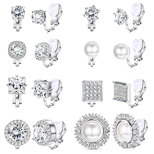 Thunaraz 8Pairs Cubic Zirconia Peal Clip On Stud Earrings For Women Simulated Diamond Halo Non Pierced Earring Womens Clip On Earrings Set for Anniversary