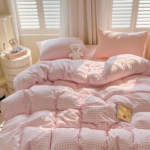Image of LifeTB Pink Gingham Comforter Set Queen 3 Pieces Plaid Checkered Comforter Set Aesthetic Pink Grid Comforter with 2 Pillowcases Plaid Checkered Pattern Farmhouse Gingham Bedding Set Queen