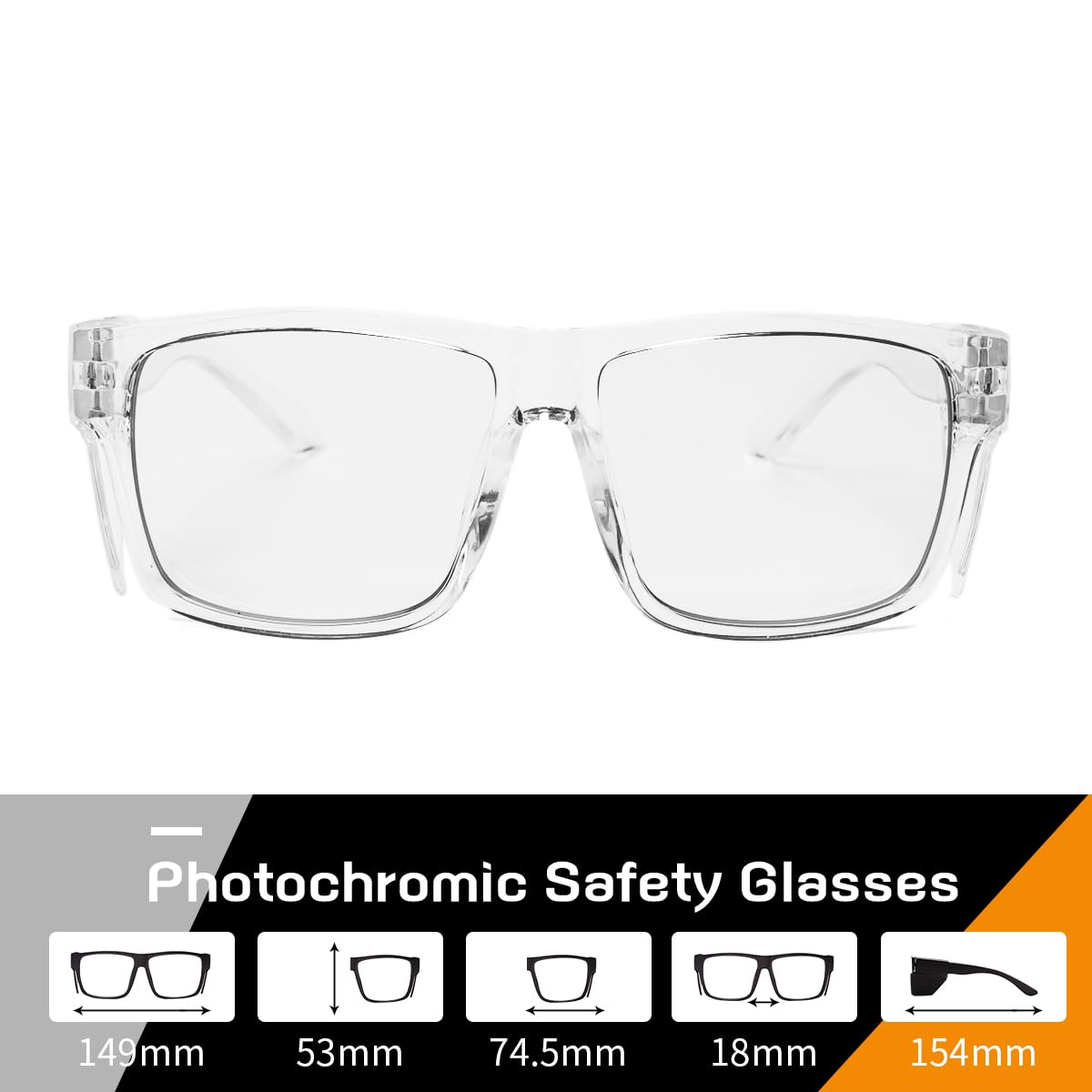 UV400 fotochromowe okulary ochronne ze zdejmowanymi osłonami bocznymi, blokujące niebieskie światło