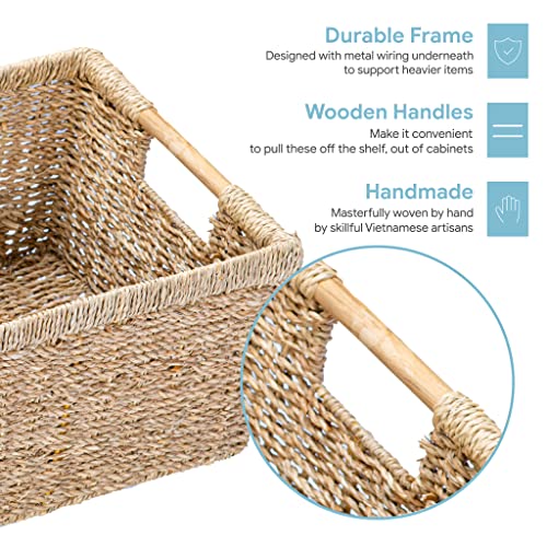Large Wicker Storage Basket with Wooden Handles, Seagrass Basket for Shelves, Natural Wicker Bin With Handle for Storage 14.5 x 10.3 x 7.5 inches - Image 3