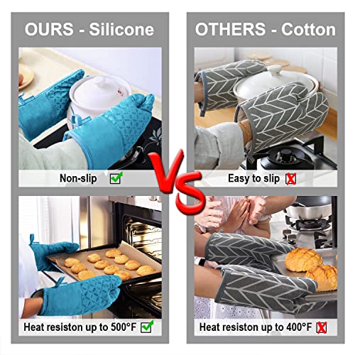 Image of KEGOUU Oven Mitts and Pot Holders 6pcs Set, Kitchen Oven Glove High Heat Resistant 500 Degree Extra Long Oven Mitts and Potholder with Non-Slip Silicone Surface for Cooking (Sky Blue)