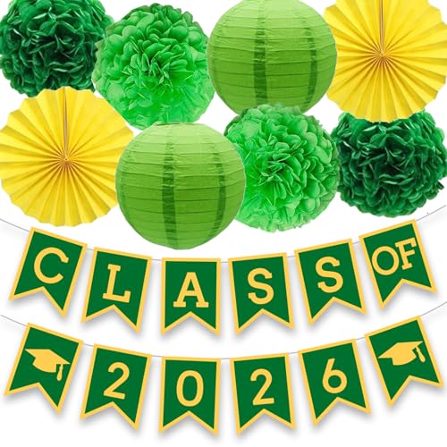Image of Green Yellow Graduation Party Decoration Class Banner Hanging Pom Poms Flowers High School College Grad Supplies