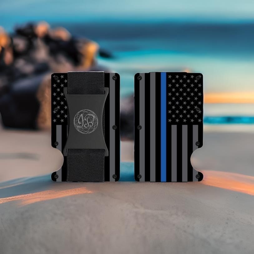 Black & Gray American Flag Engraved, Minimalist Wallet, RFID Blocking Aluminum Slim Wallet (Blue Line with Money Strap)4
