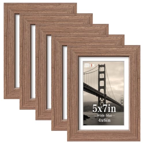VCK 5x7 Picture Frame, Walnut Wood, Real Glass, 5 Pack, Tabletop & Wall