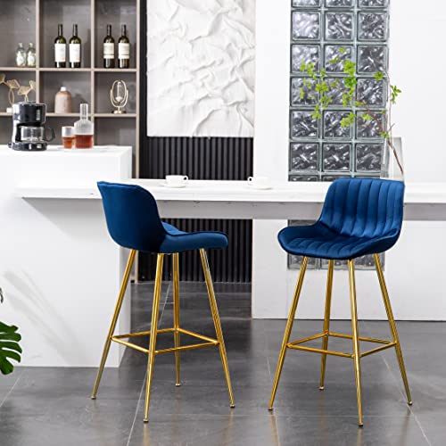 Image of Sidanli Velvet Blue Bar Stools, 29 Inch Upholstered Island Stools with Footrests, Gold Bar Chairs for Home, Kitchen Island, Dining Room
