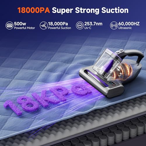 Image of uwant 18Kpa Mattress Vacuum Cleaner 60000RPM Tap Bed Vacuum Set of 1 | 253.7Uv-C Light and Ultrasonic Bed Vacuum, 149℉ Hot Air, HEPA Filter, Metal Roller Mattress Vacuum for Sofa, Couch