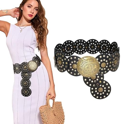 TOFBS Cinturón Mujer Ancho de Cuero PU Metal Vintage Estilo Vaquero Diseño Hueco Elástico Hebilla de Aleación | Ya disponible en tu tienda friki favorita! En mundofriki.es!