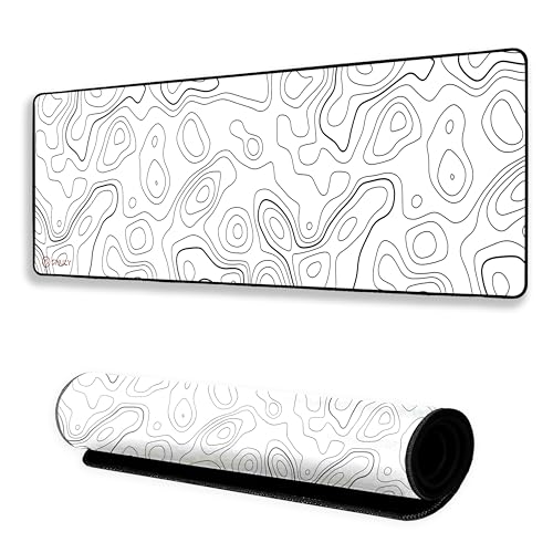 Image of White Contour Line Mouse Pad 12x32Inch 3mm Extended Gaming Desk Mat with Anti-Slip Rubber Base Mousepad for Smooth Surface Desk pad for PC & Laptop Use Waterproof & Stiched (Black /White) Deskpad