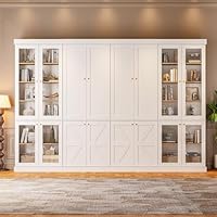 ivaniti 70.8\" Tall Farmhouse Bookshelf, Modular Bookcase with Glass Doors, 6-Tier Adjustable Shelves, Large Storage Cabinet for Kitchen, Living Room（251014）