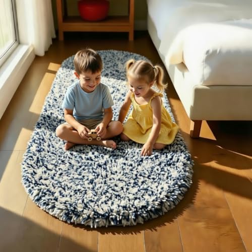 Image of Fluffy Silky Micro Fiber Polyster Carpet /Runner for Bedroom, Study Room, Playing Room, Guest Room ETC. 4x6 feet Feet, (Blue and Ivory Mix)