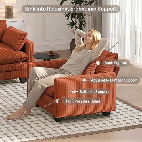 Image of Gizoon Cloud Accent Chair with Washable Cover, Corduroy Single Sofa Chair with Comfy Deep Seat, Modern Armchair with Pillow for Living Room Bedroom, Orange