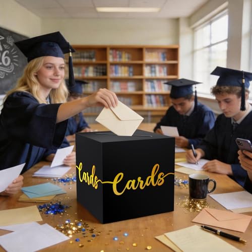 Image of OLANRUN Gift Card Box, 9 inch Graduation Gold Foil Card Box, Black and Gold Party Decorations for Wedding, Birthday, Baby & Bridal Shower, Anniversary, Retirement
