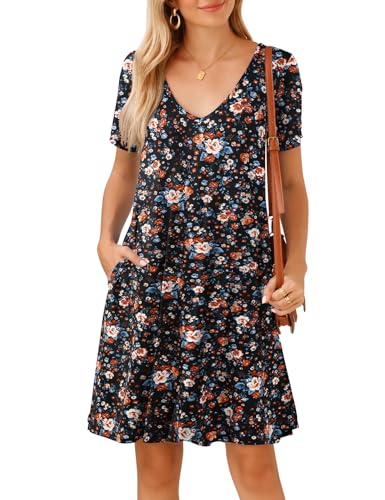 Image of JollieLovin Women T Shirt Plus Size Summer Swing Dresses Short Sleeve V Neck Loose Casual Dress(L-5X)