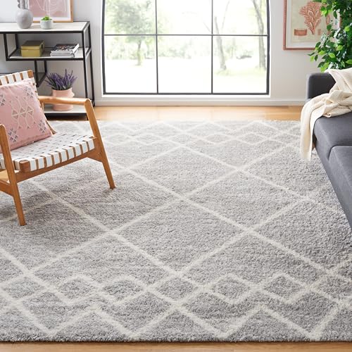 SAFAVIEH Area Rug 8×10 – Berber Shag Collection – Large – Ivory & Grey, Moroccan Design, Non-Shedding & Easy Cleaning, Plush Thick Pile, Ideal for Living Room, Bedroom, Dining Space (BER574G)