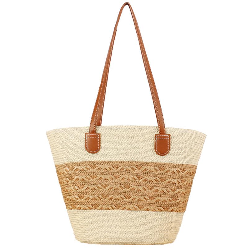 Grand sac fourre-tout en paille tissée à rayures avec fermeture et grande capacité de rangement