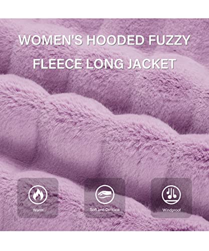 Risissida Long Faux Fur Coat For Women Faux Fur Jacket With Hood Fuzzy Fleece Winter Fall Spring Fashion, Thermal Wool Shearling Warm Fluffy Furry Overcoat Zip Up Outerwear Pink Purple 120757A L #TOP2