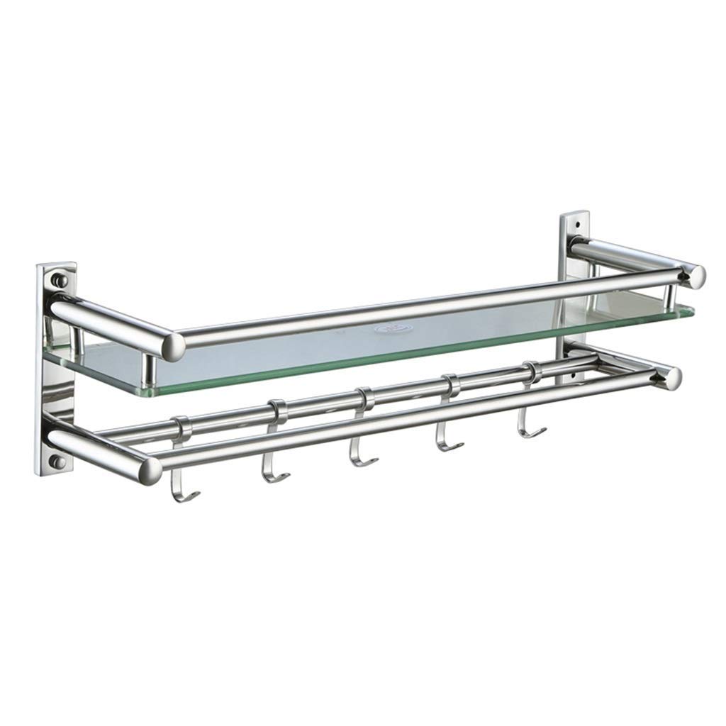 USZWBY Bathroom Glass Shelf Wall-Mounted Shower Caddy Storage Organizer with Stainless Steel Towel Rack and Hooks 60cm