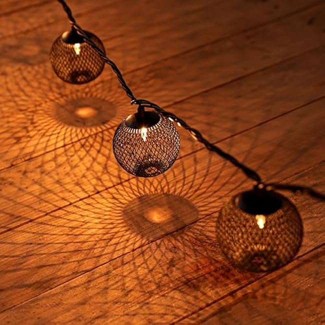 Decorative Lantern String Lights Plug in with 10 Black Metal Ball, Connectable Waterproof Outdoor Decorative String Lights Indoor for Bedroom Patio Pergola Decor