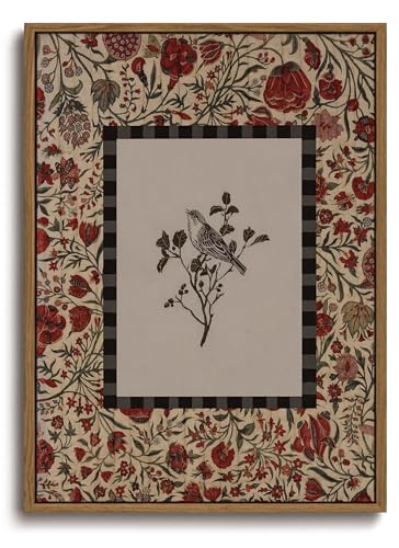 Image of KISSFOX Vintage Framed Wall Art Decor Rustic Flowers Birds Pictures Wall Decor Botanical Floral Canvas Art Prints Red Natural Farmhouse Paintings Artwork For Bedroom Kitchen Living Room