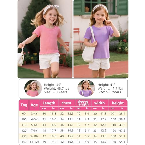 Image of Girls Summer Lettuce Trim Ribbed Knit Short Sleeve T-Shirts Solid Color Casual Blouse Tops