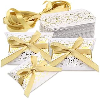 Prmape 50 Pcs Pillow Wedding Favour Boxes, Pillow Candy Boxes, Pillow Favour Boxes with Gold Ribbons for Christmas Party Wedding Birthday Baby Shower(9 * 6.5cm/3.5 * 2.5inch)